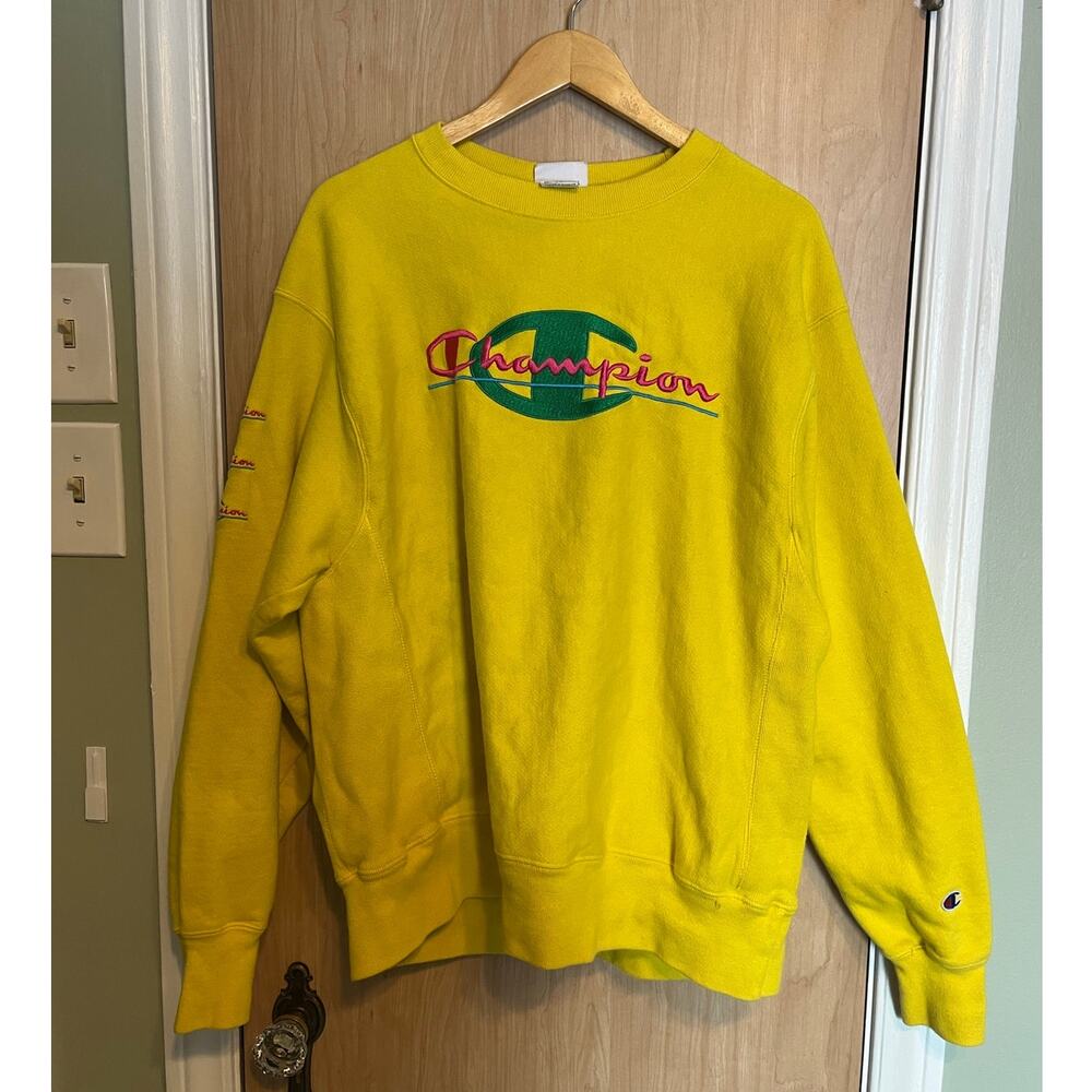 Yellow Champion Reverse Weave Heavyweight Sweatshirt Embroidered Large Neon